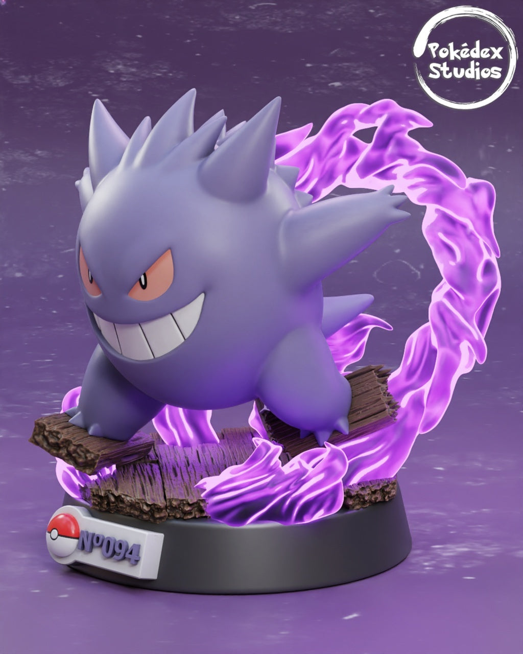 Animated character with purple energy effect on a purple background, featuring Pokédex Studios logo.