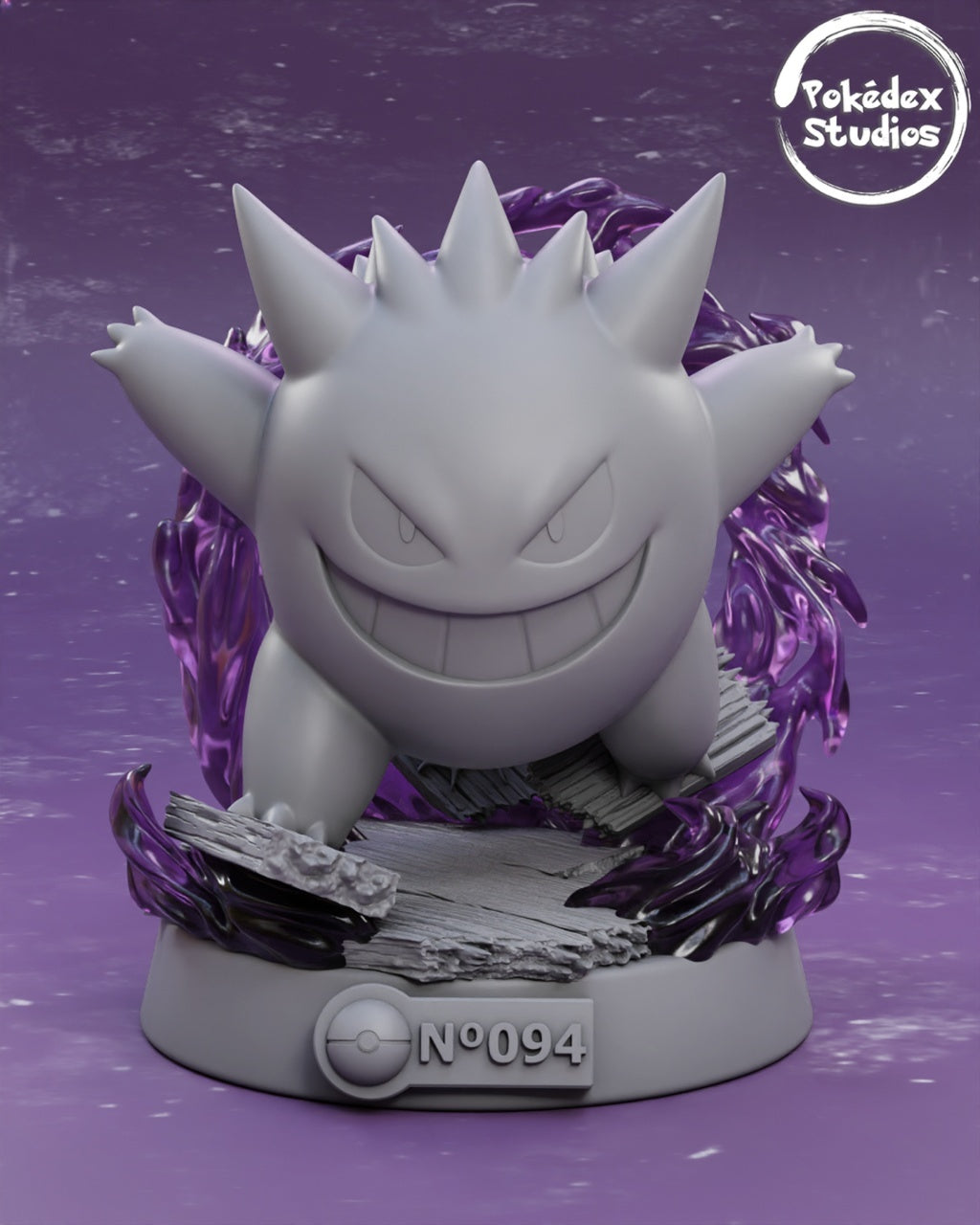 White and purple creature figurine with 'Pokédex Studios' logo on a purple background