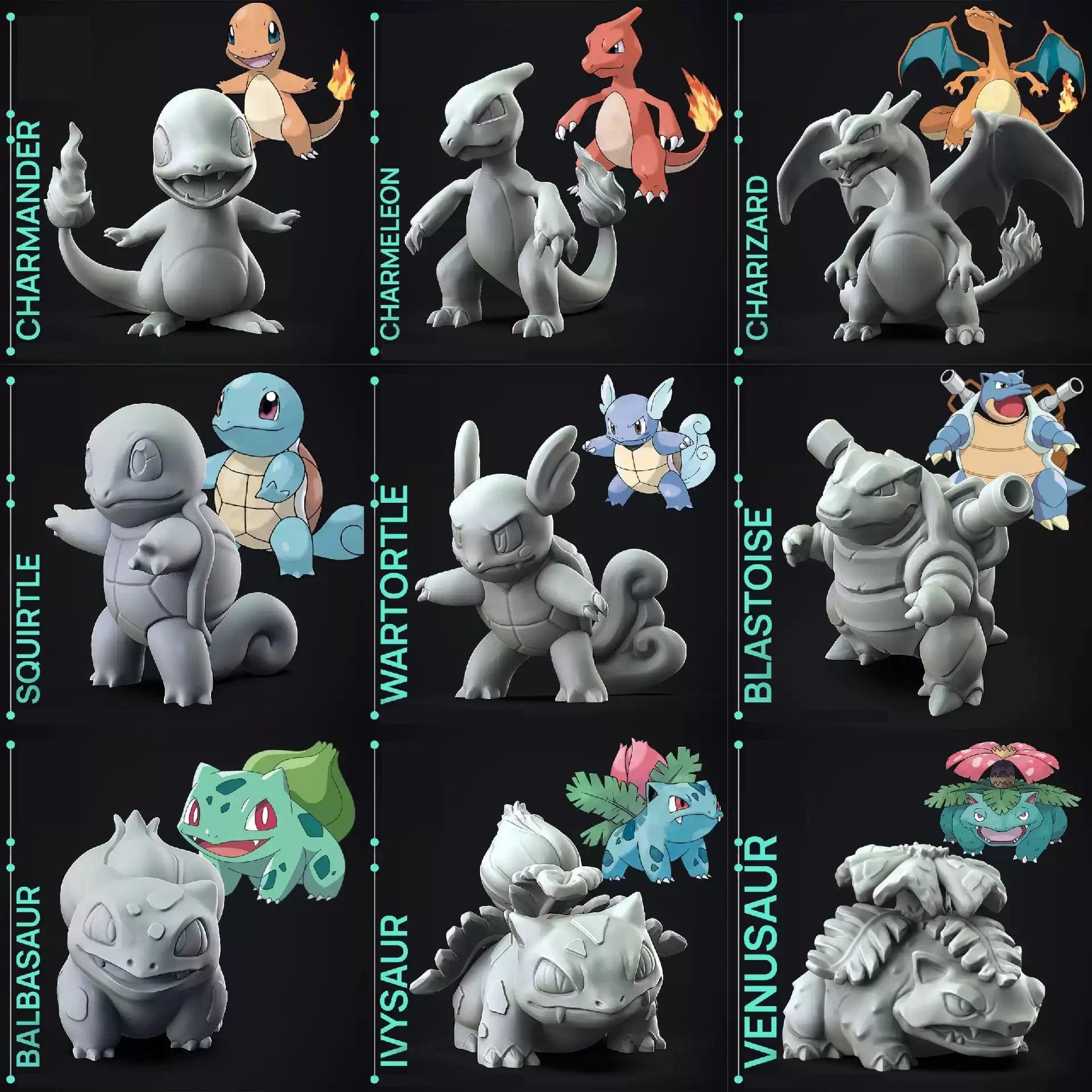 Collection of stylized creature figurines with names below on a black background