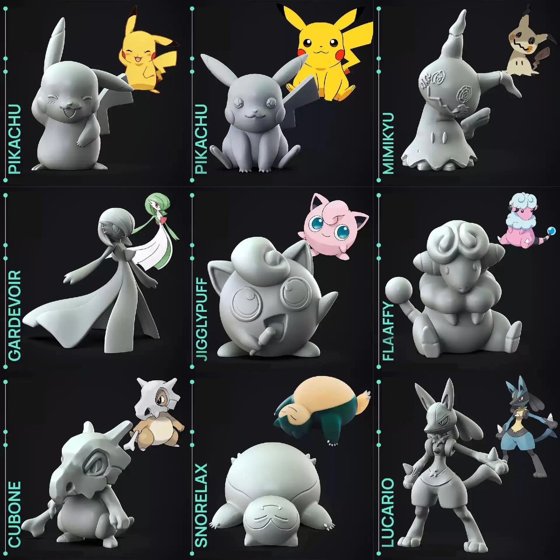 Grid of various Pokémon figures with their names on a black background