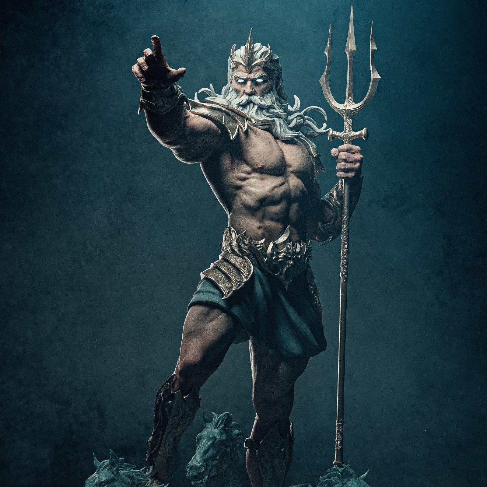 Statue of a Poseidon figure with a trident against a dark background