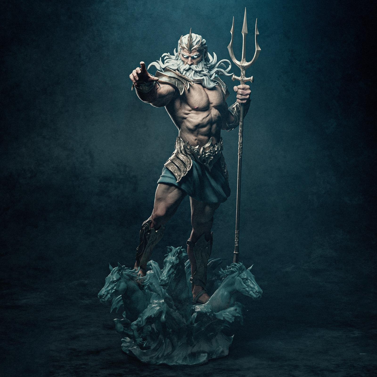 Statue of a Poseidon figure with a trident on a dark background