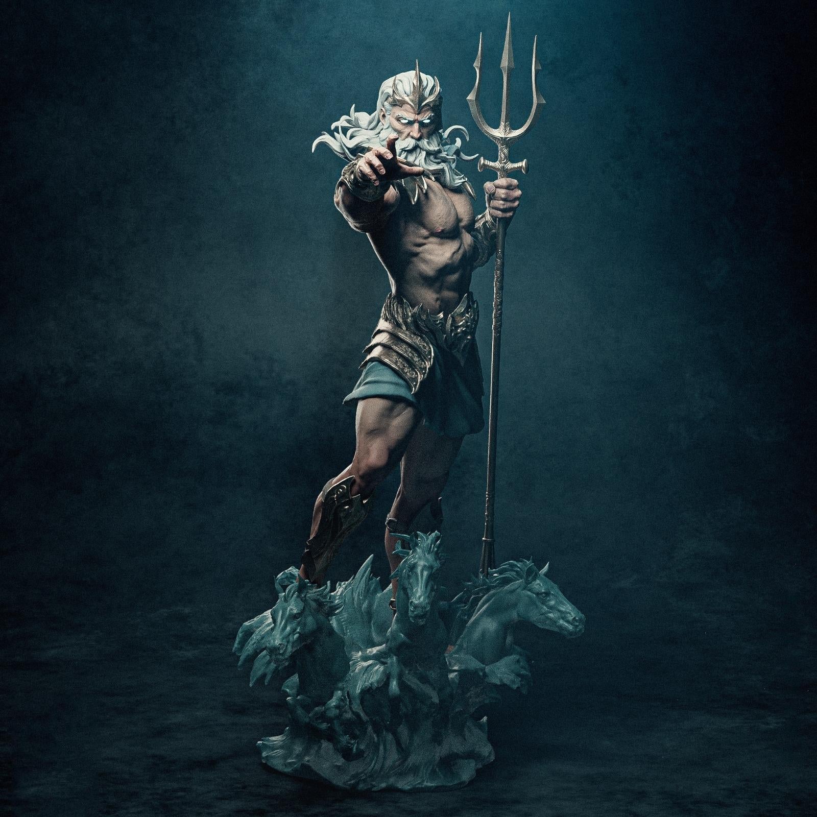 Statue of a Poseidon figure with a trident emerging from water on a dark background