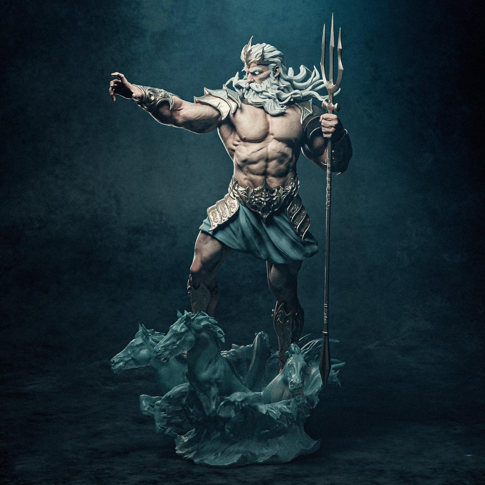 Statue of a Poseidon figure with a trident on a dark background