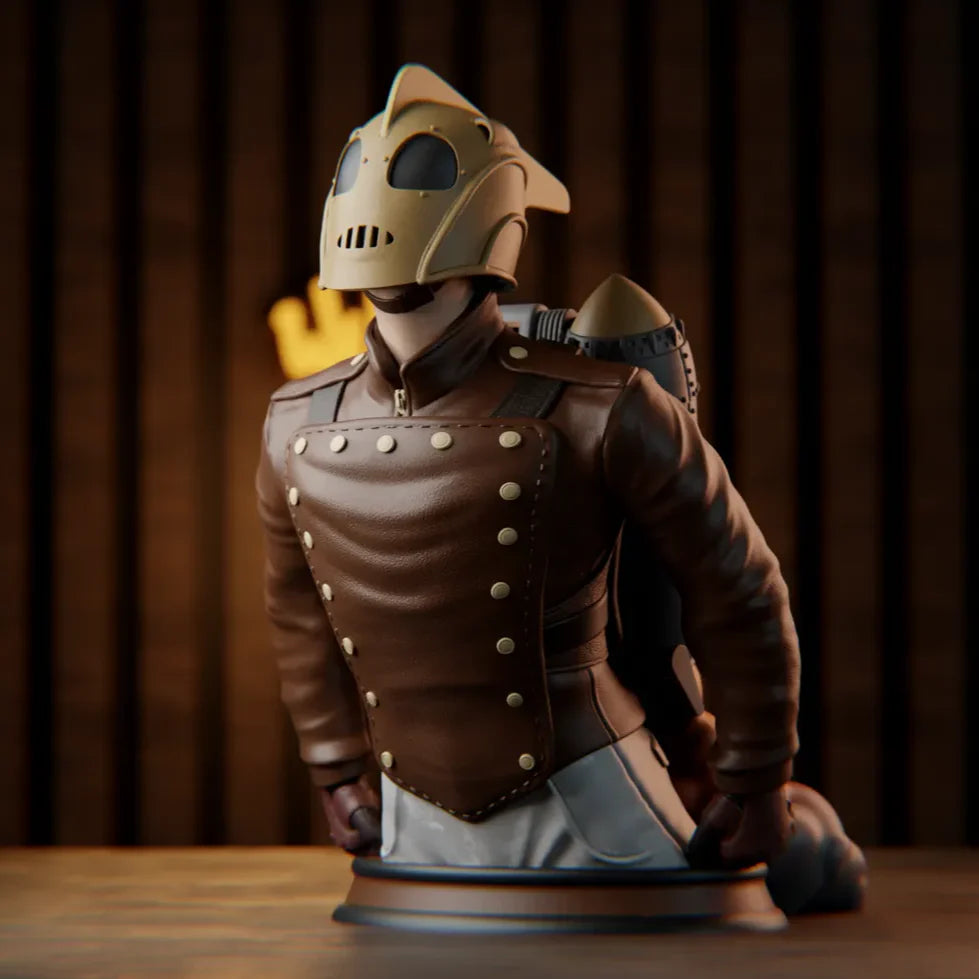 Statue of a character in brown leather armor with a helmet on a wooden surface.