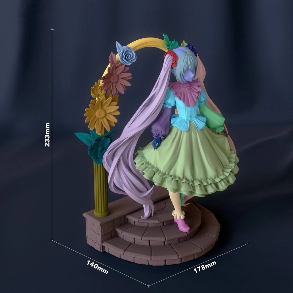 Colorful figurine with floral elements on a dark background