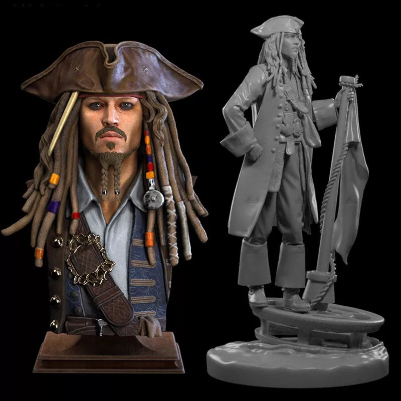 Statue of a pirate with long hair and a coat, next to a gray resin figure on a black background