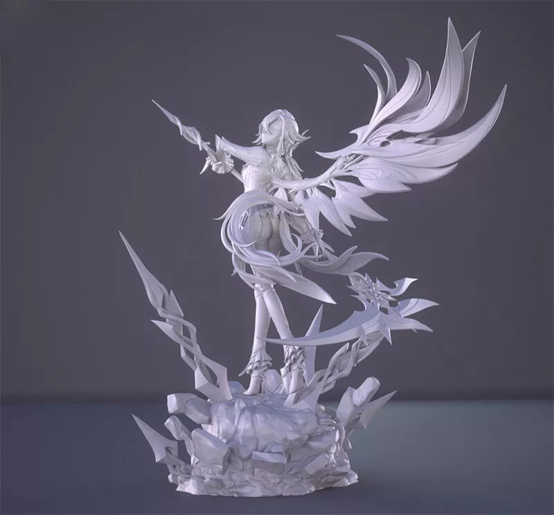 White figurine with angelic wings on a dark gray background