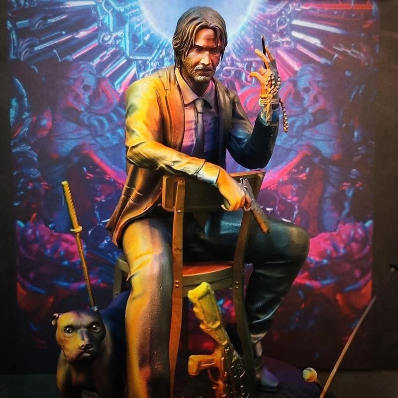 Statue of a character holding a gun with a colorful, abstract background