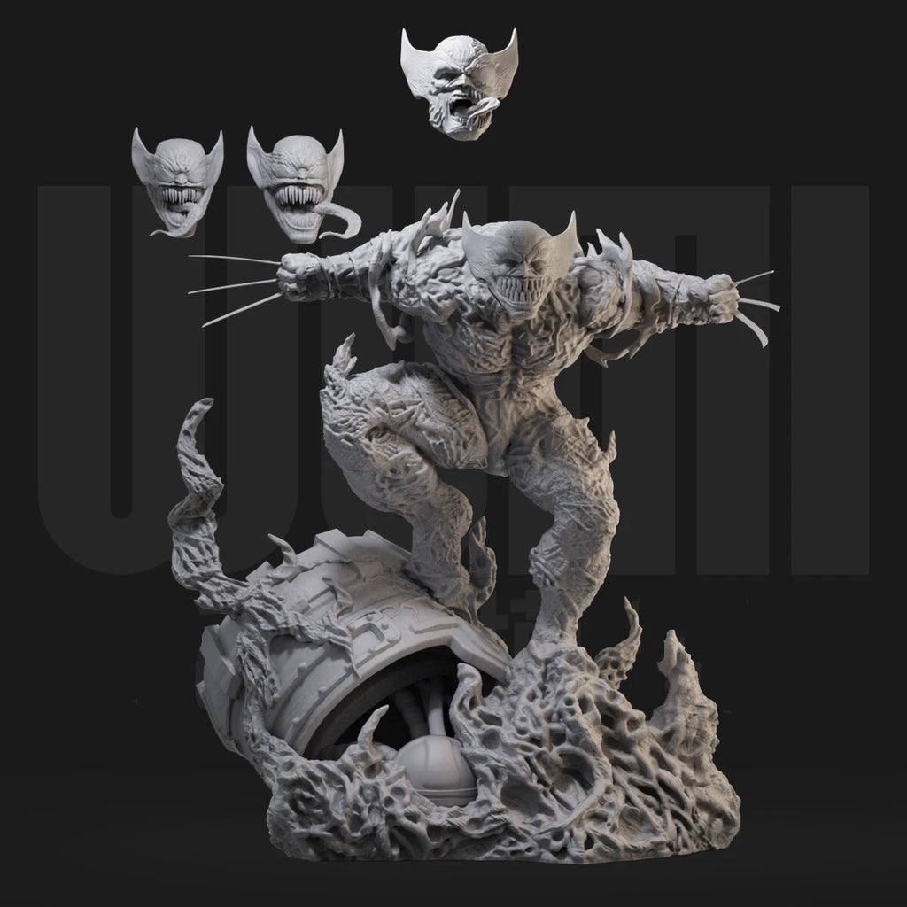 Grayish creature statue with multiple heads on a black background