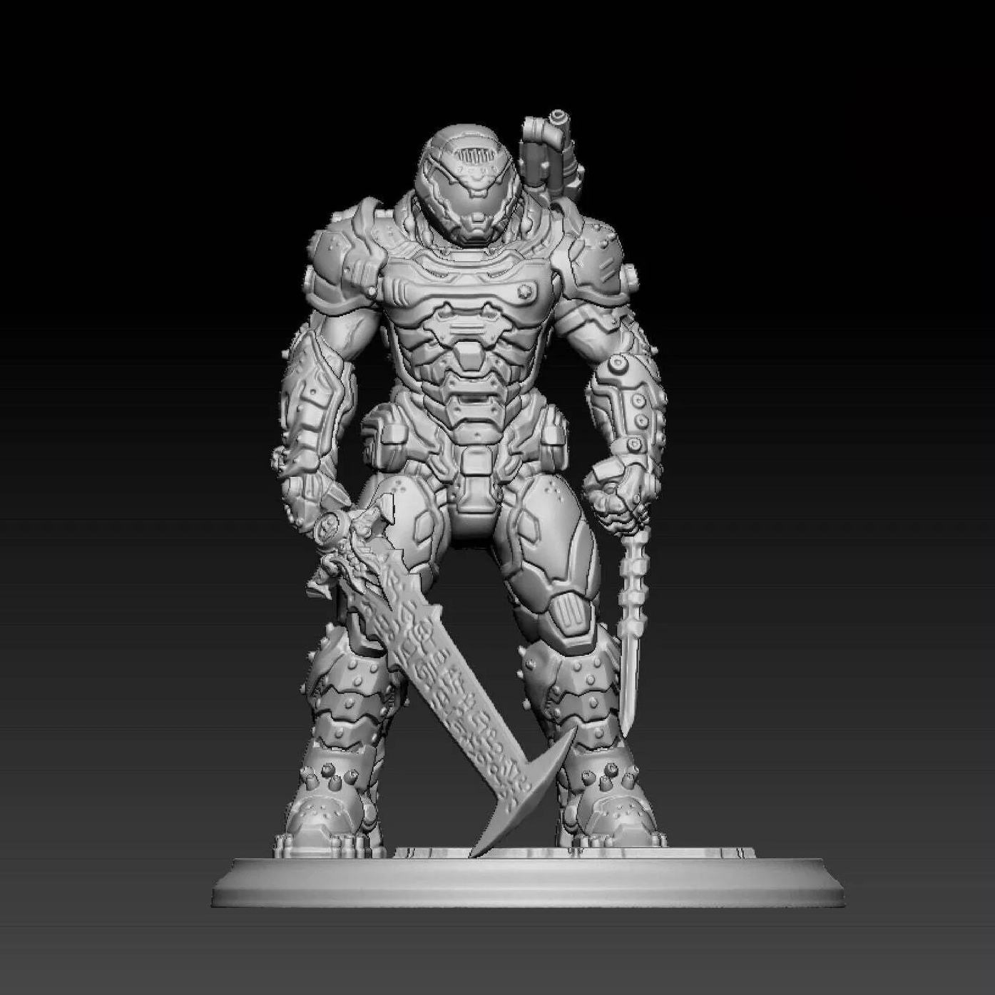 Stylized figure with armor and weapon on a dark background