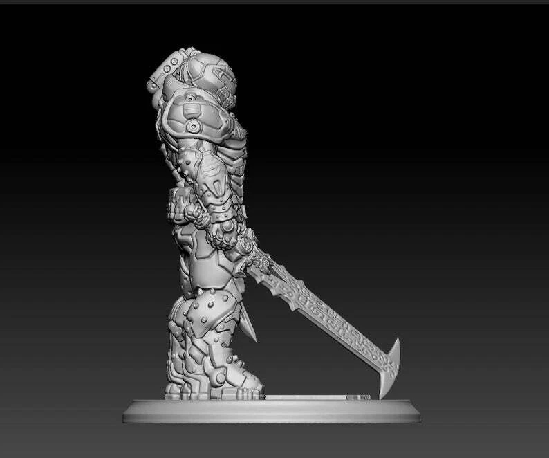 Gray 3D-printed figurine with intricate design and weapon on a black background