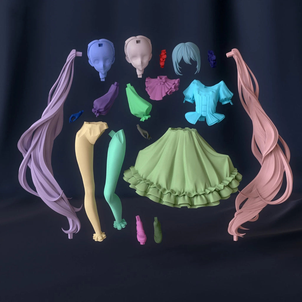 Set of colorful doll accessories including hair and clothing on a dark background