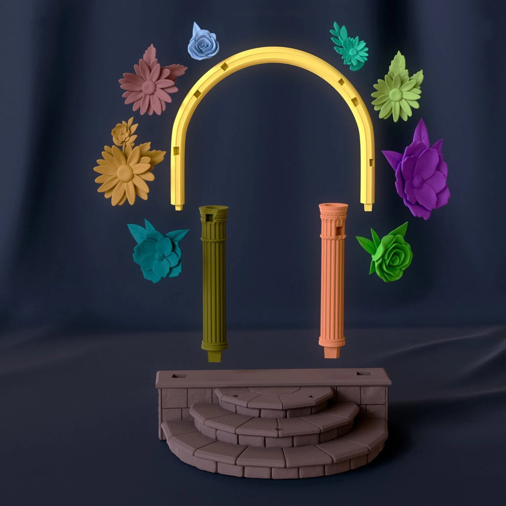 Decorative arch with flowers and columns on a dark background