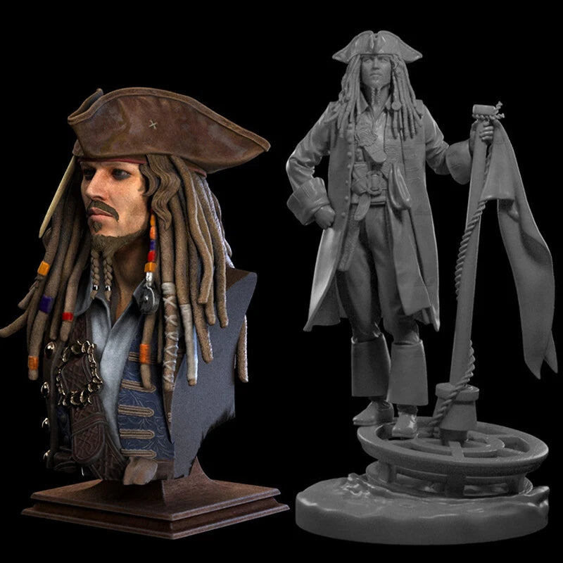 Model of a pirate figure with a detailed head and a gray scale version on a black background