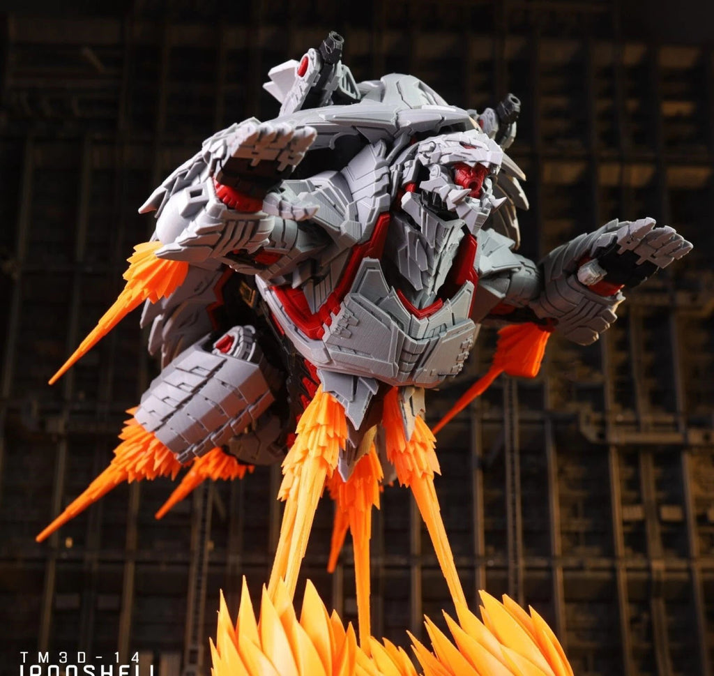 A highly detailed sci-fi mecha figure in gray armor with glowing red eyes and bright orange flame effects at its feet, posed against a dark industrial background.