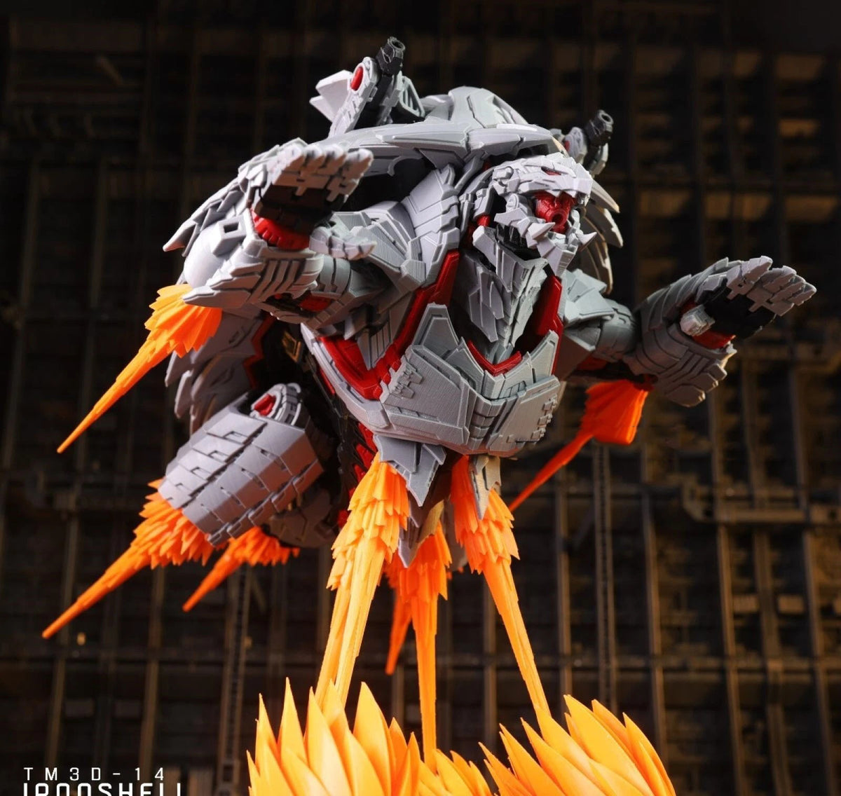 A highly detailed sci-fi mecha figure in gray armor with glowing red eyes and bright orange flame effects at its feet, posed against a dark industrial background.