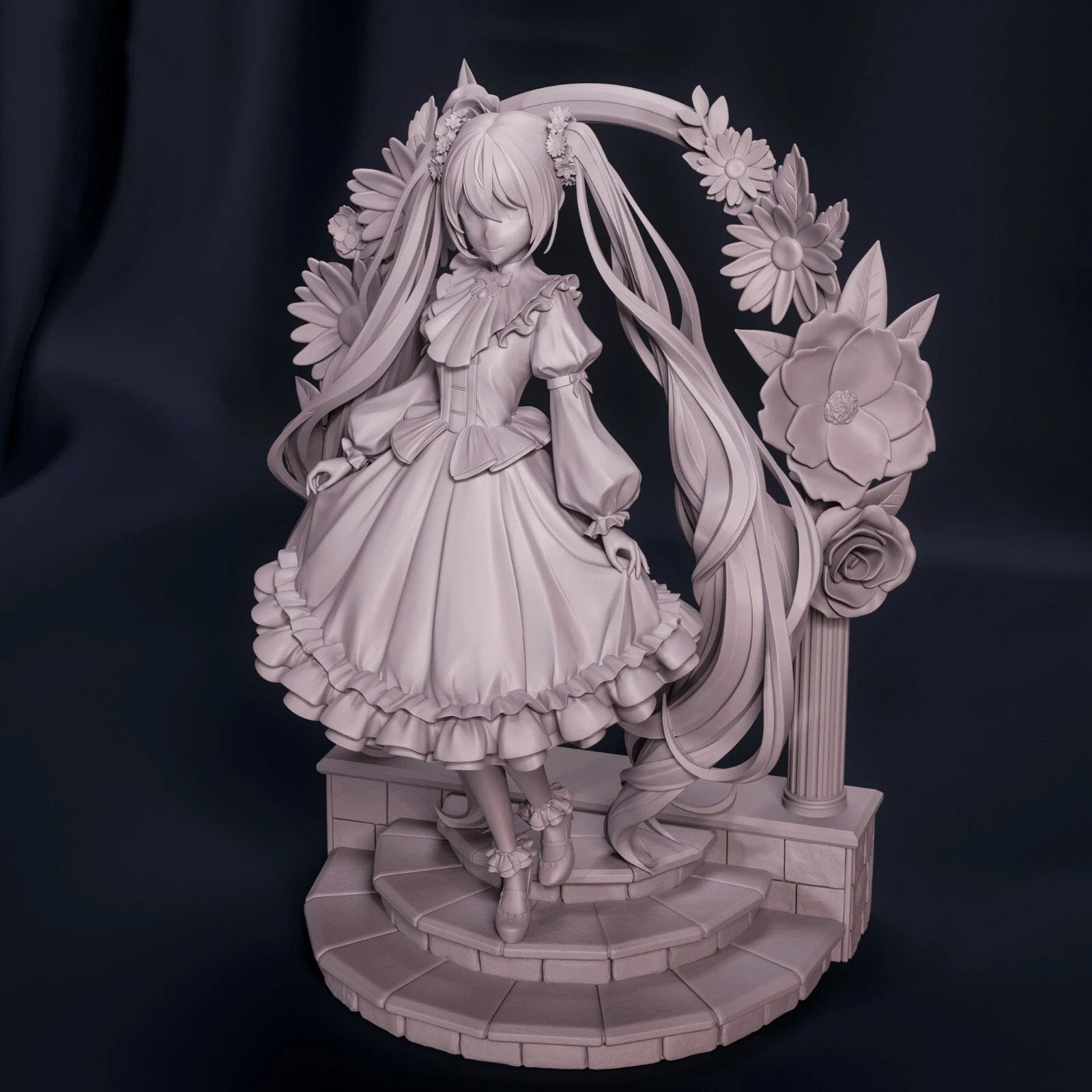 Statue of Hatsune Miku with long hair and floral decorations on a dark background