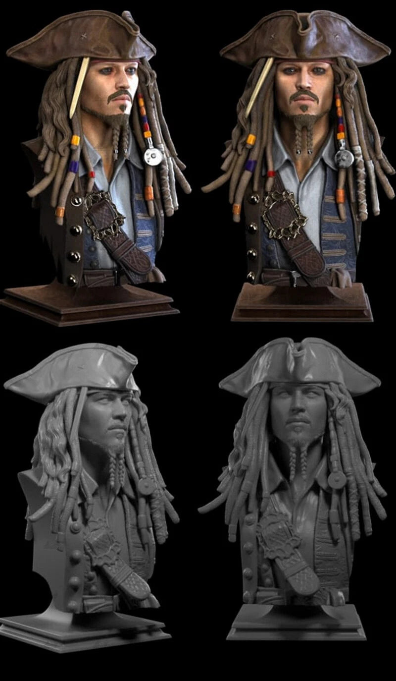 Four views of a Jack Sparrow bust with a pirate costume on a black background