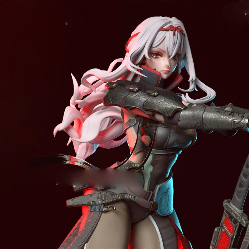 Statue of a character with long white hair and pink accessories, holding a weapon against a dark background.