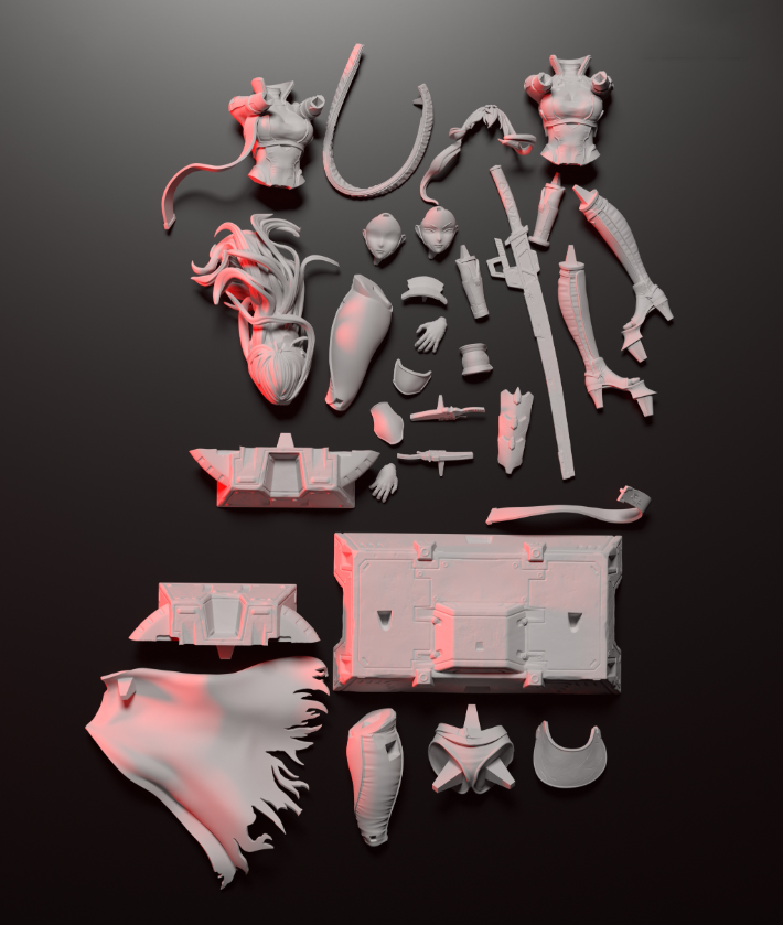 Collection of gray toy figure parts on a black background