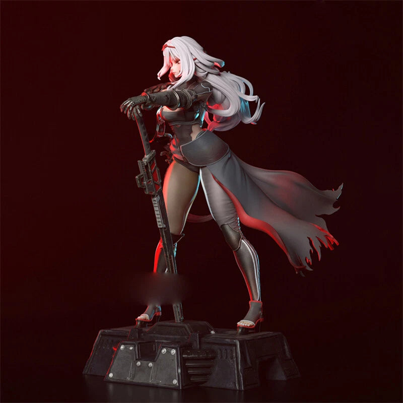 Statue of a character with gray hair and a cape on a dark background