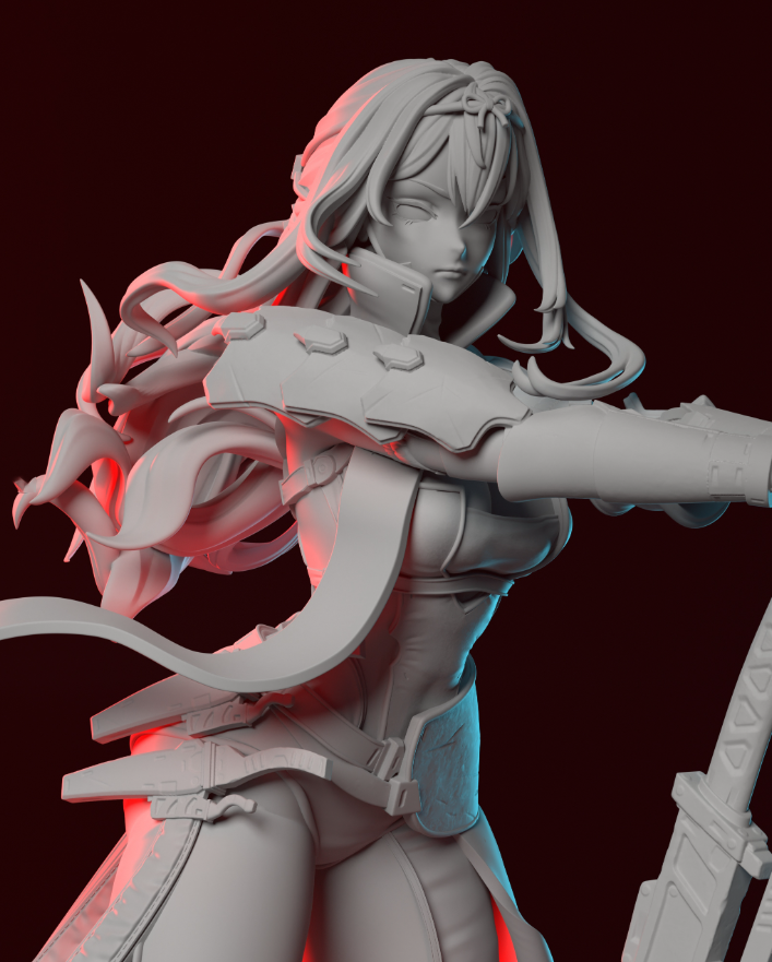 Gray figurine with red accents on a dark background