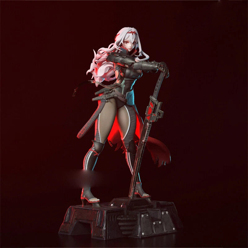 Statue of a character with weapons on a dark background
