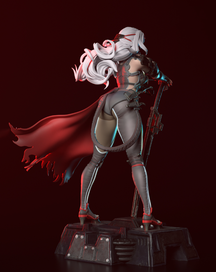 Statue of a character with a red cape and futuristic outfit on a dark background