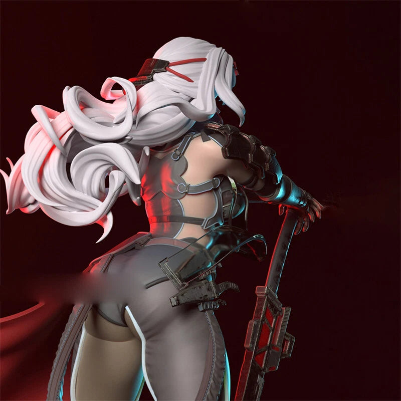 Character with white hair and futuristic armor against a dark background