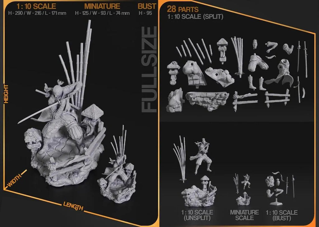 Detailed scale model kit with assembly instructions and measurements on a black background