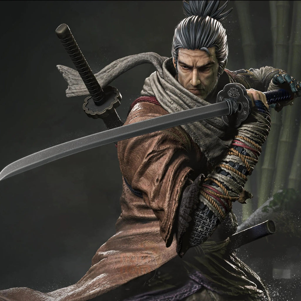 Samurai warrior holding a sword against a dark background