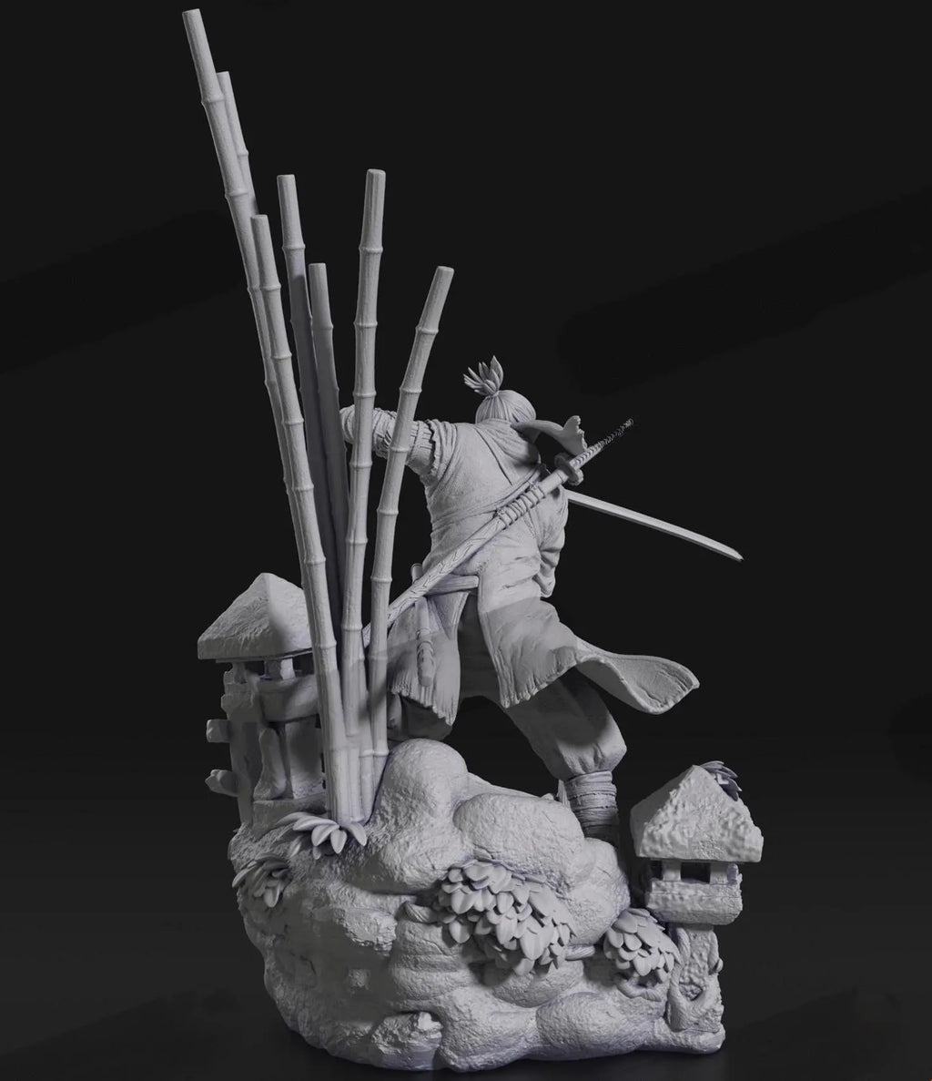 Stone sculpture of a warrior with bamboo and traditional architecture on a dark background