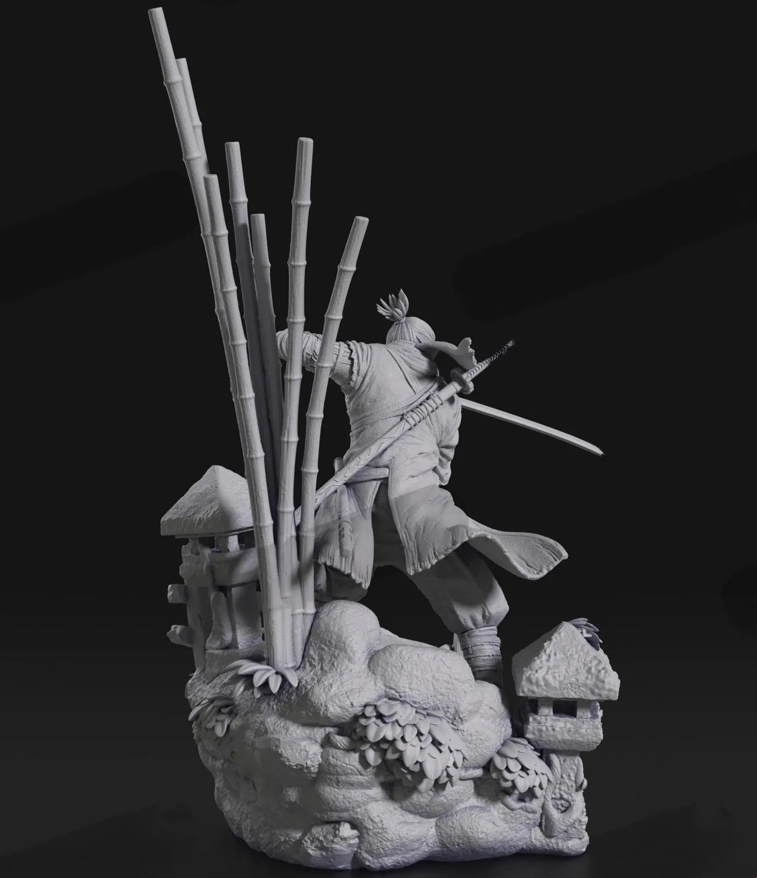 Stone sculpture of a warrior with bamboo and traditional architecture on a dark background