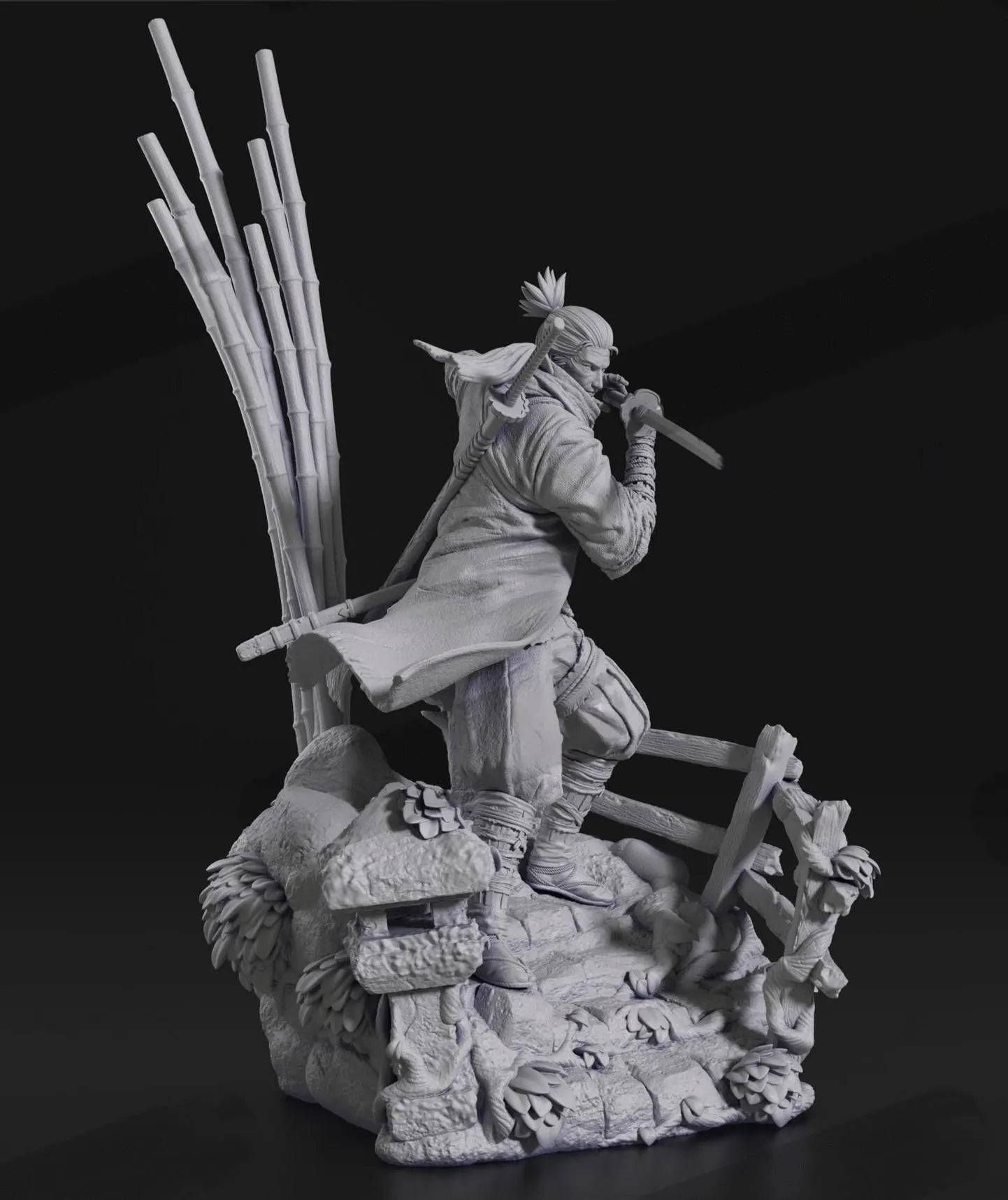 Statue of a warrior with a spear on a dark background