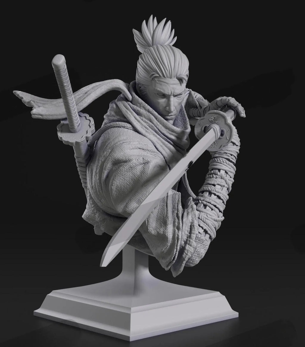 Gray resin sculpture of a warrior with a sword on a black background