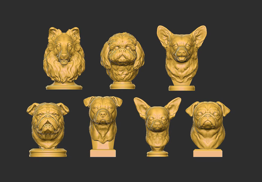 Gold dog busts arranged in a grid on a black background