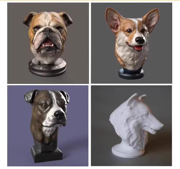 Four dog head sculptures on gray backgrounds