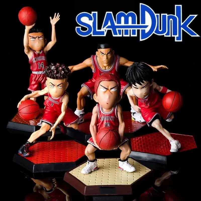 Figures of basketball players in red uniforms with 'SLAM DUNK' logo above