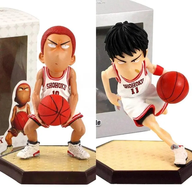 Two basketball-themed figurines with 'Shohoku' jerseys on a white background
