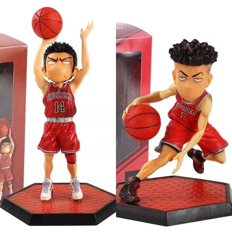 Two action figures of a basketball player in red uniform with a ball, standing on red platforms against a white background.