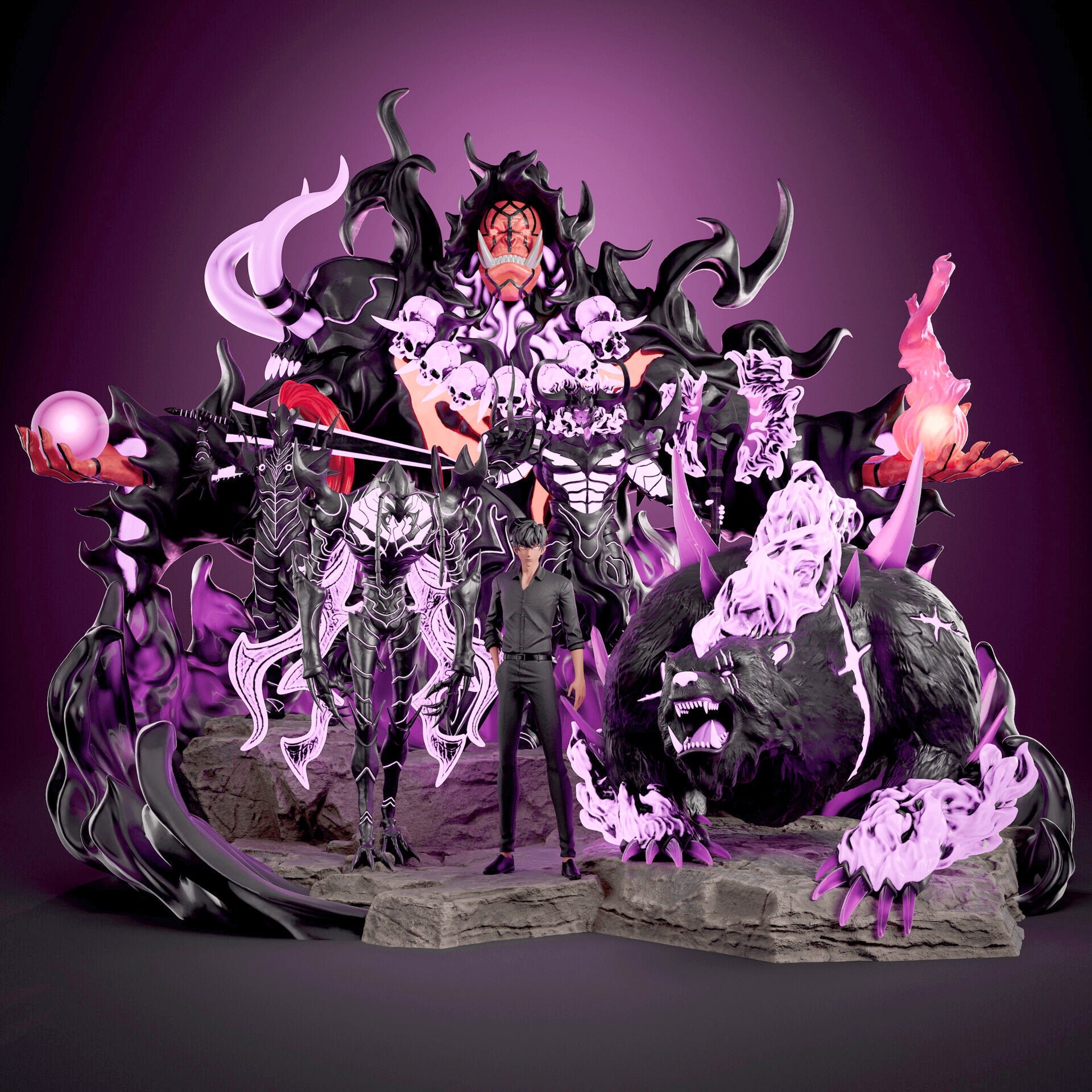 Detailed figurine with dark and purple accents on a dark background