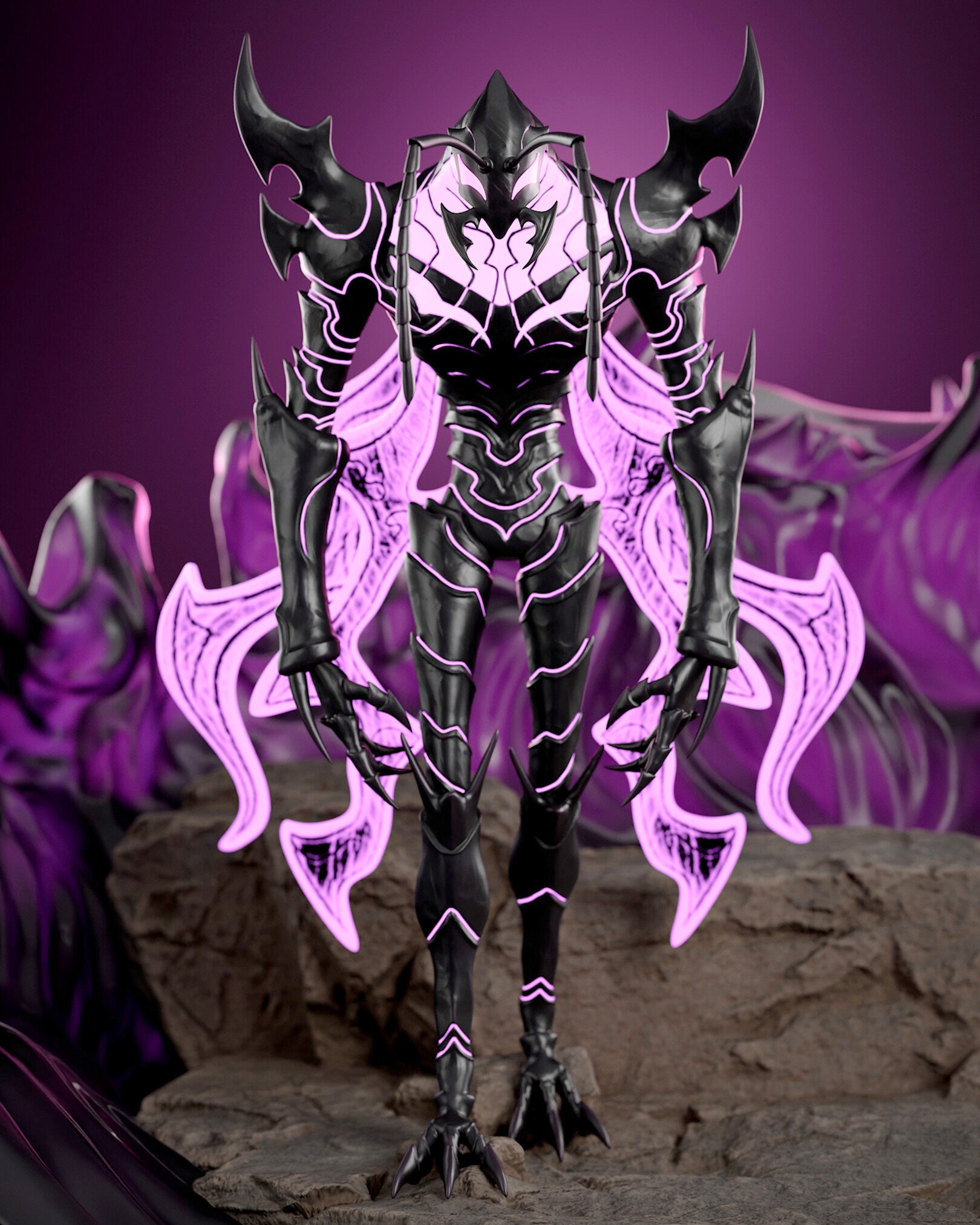 Black and purple fantasy creature figure on a rocky surface with a purple background