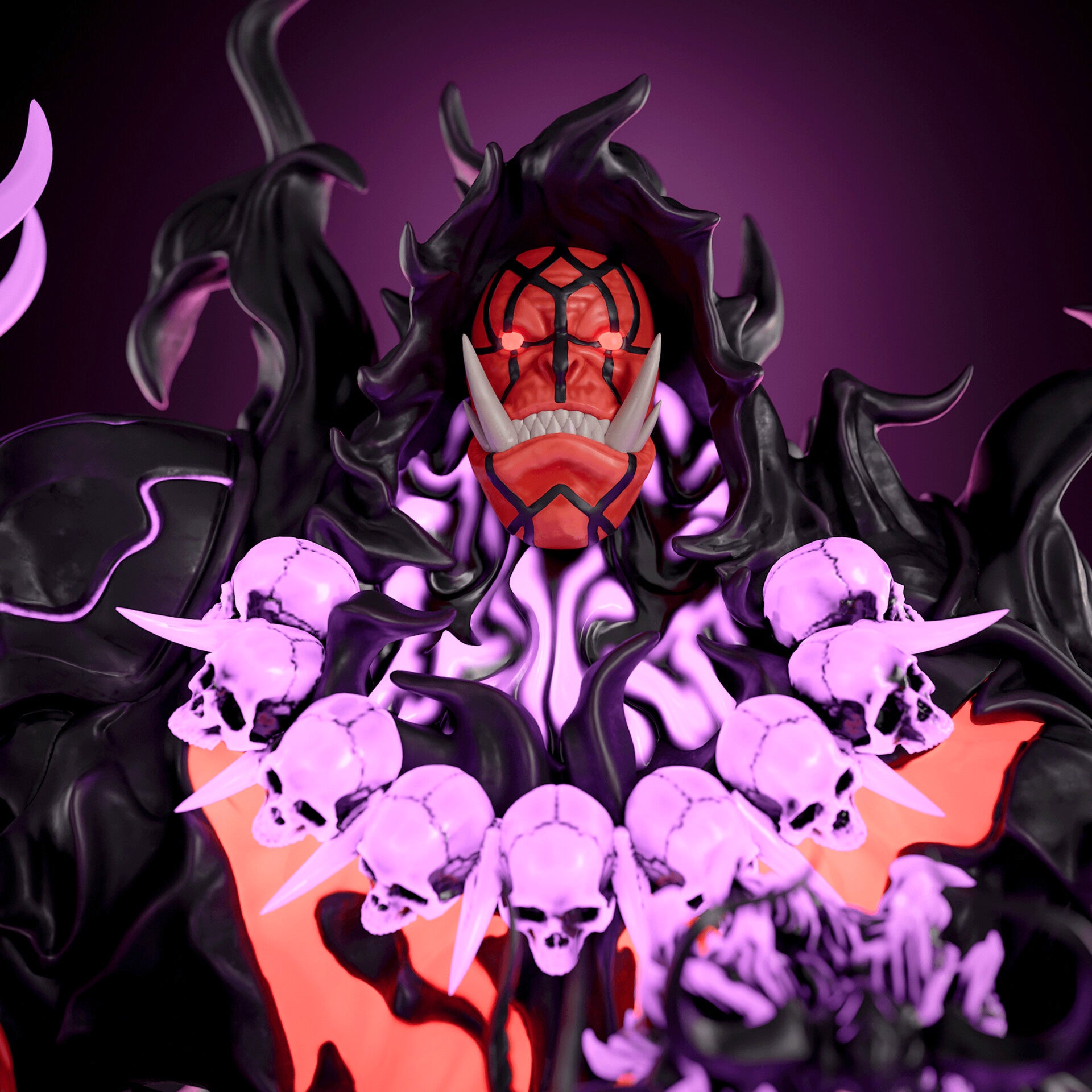 Stylized character with red and black mask surrounded by purple skulls on a dark background
