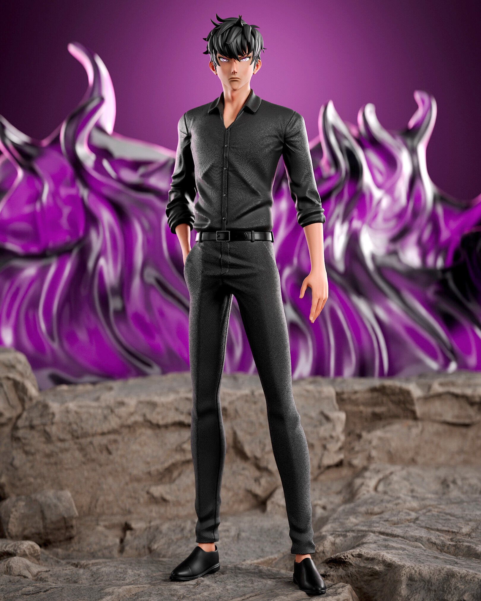 Action figure in black attire standing on rocky terrain with a purple dragon-like creature in the background