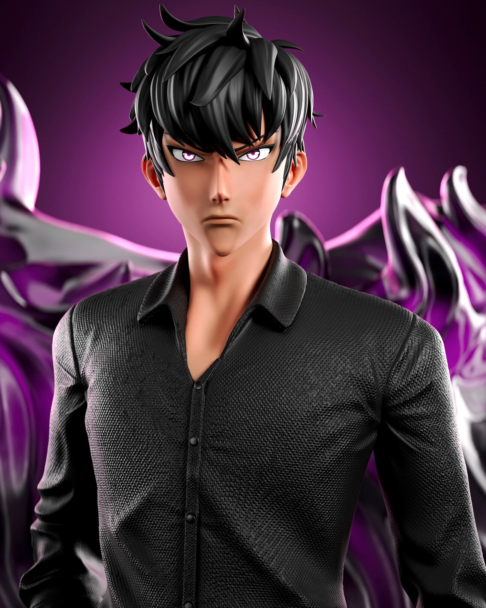 Animated character with black hair and a dark shirt against a purple background