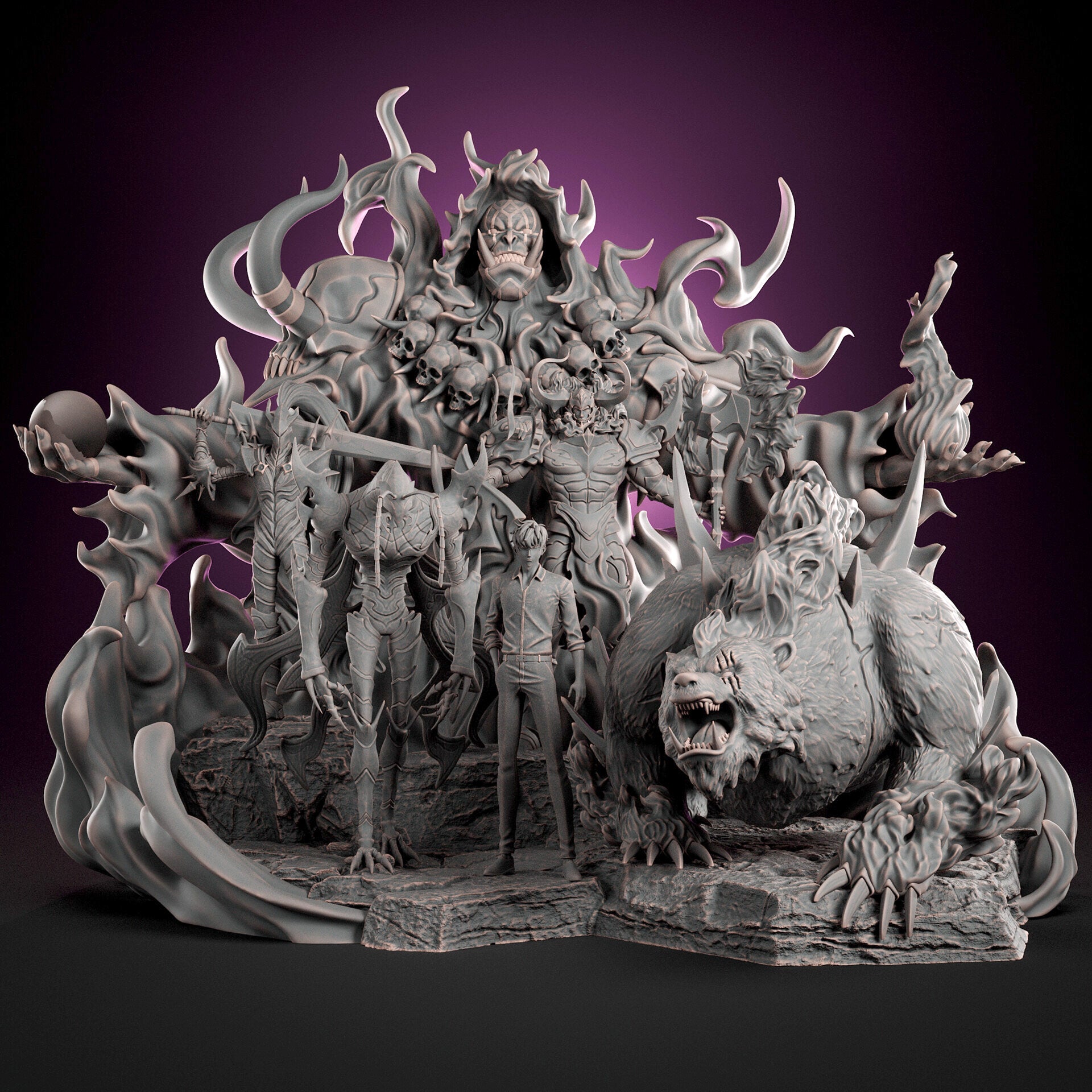 Detailed figurine set with fantasy characters and creatures on a dark background