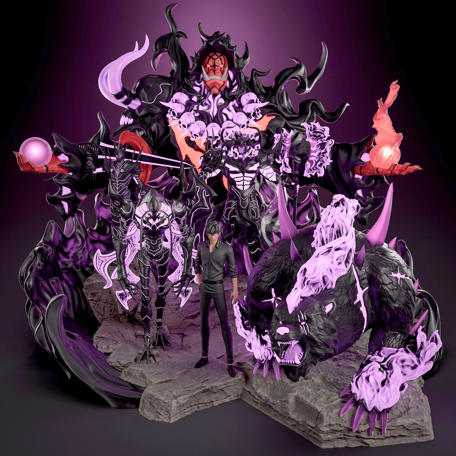 Detailed figurine set with fantasy characters and creatures on a dark background