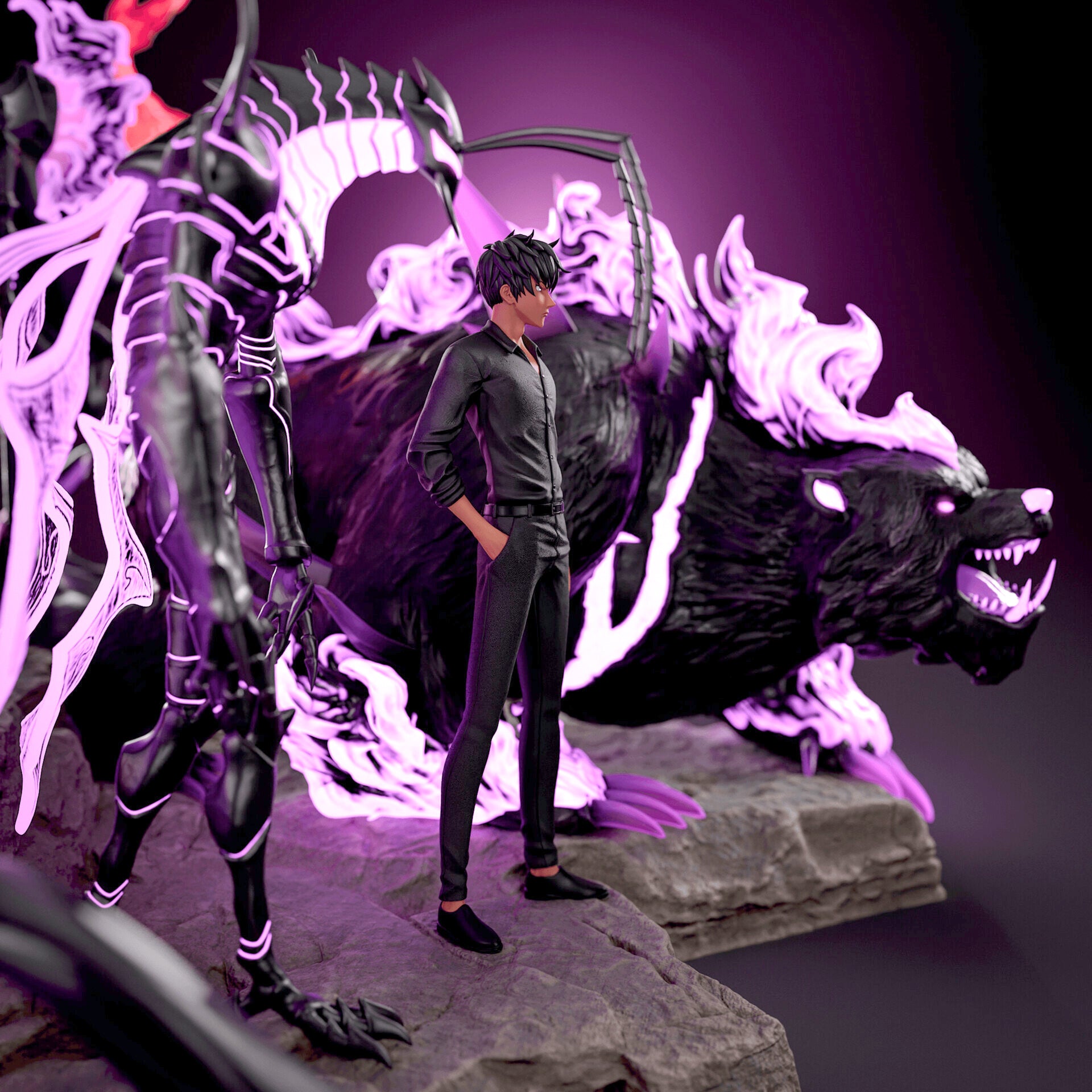 Figure of a person standing next to a large black and purple creature with glowing elements on a dark background