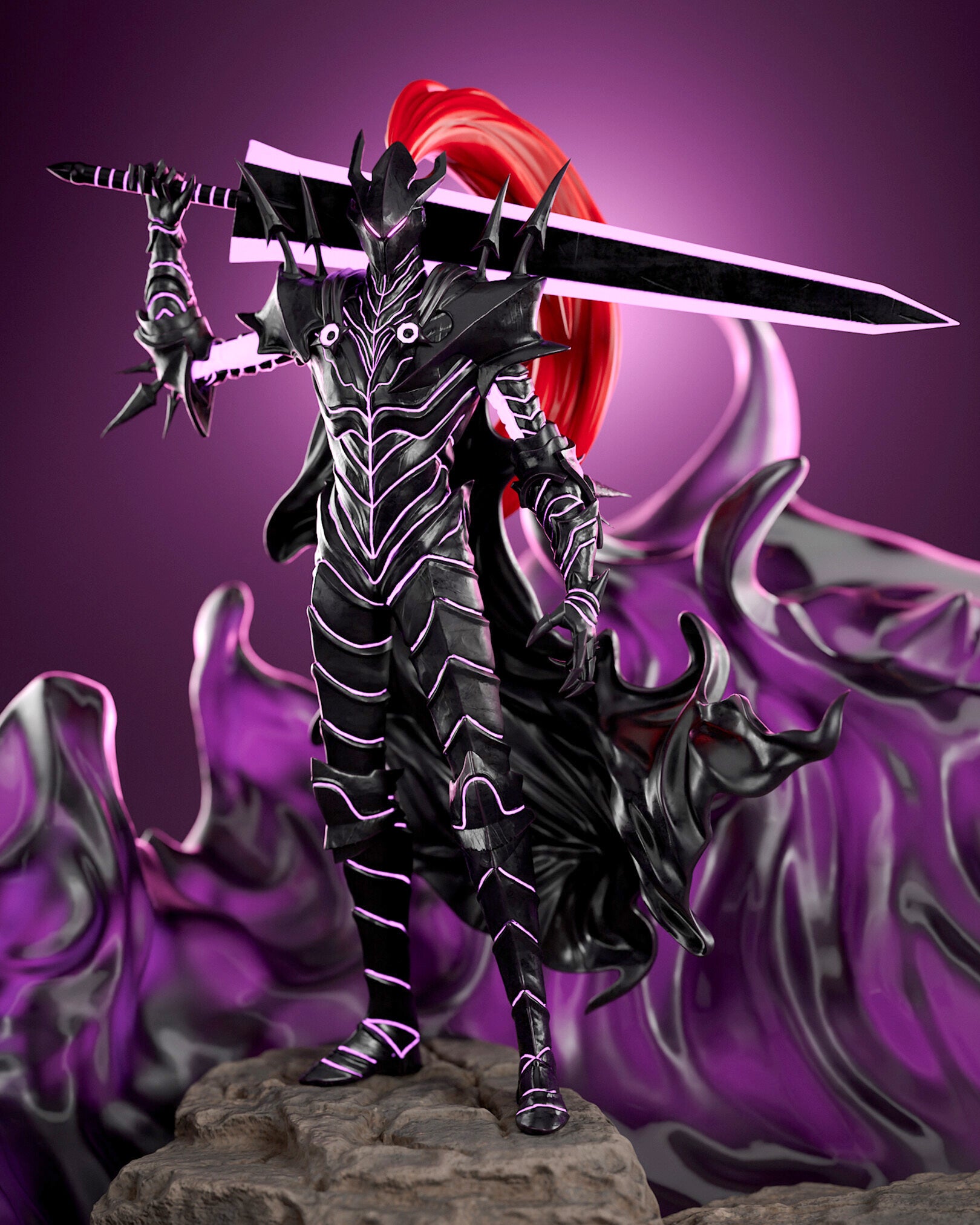 Fantasy character with red hair and a sword on a purple background
